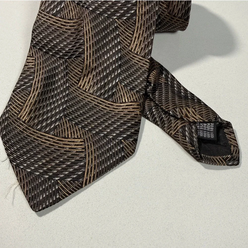 Pavone Mens Silk Tie Brown Bronze Geometric Woven Made in Italy Classic Wide Tie